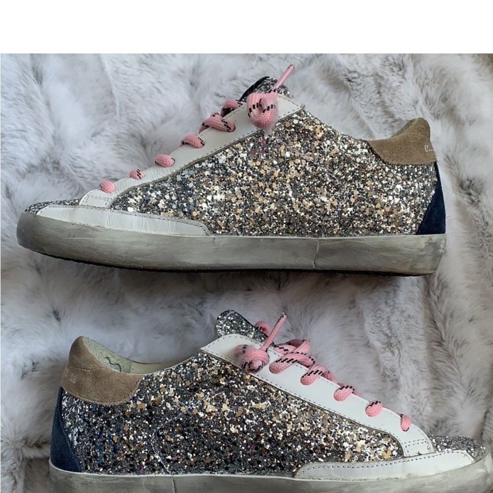 Perfect Authentic Golden Goose Glitter Sneakers with Pink Laces